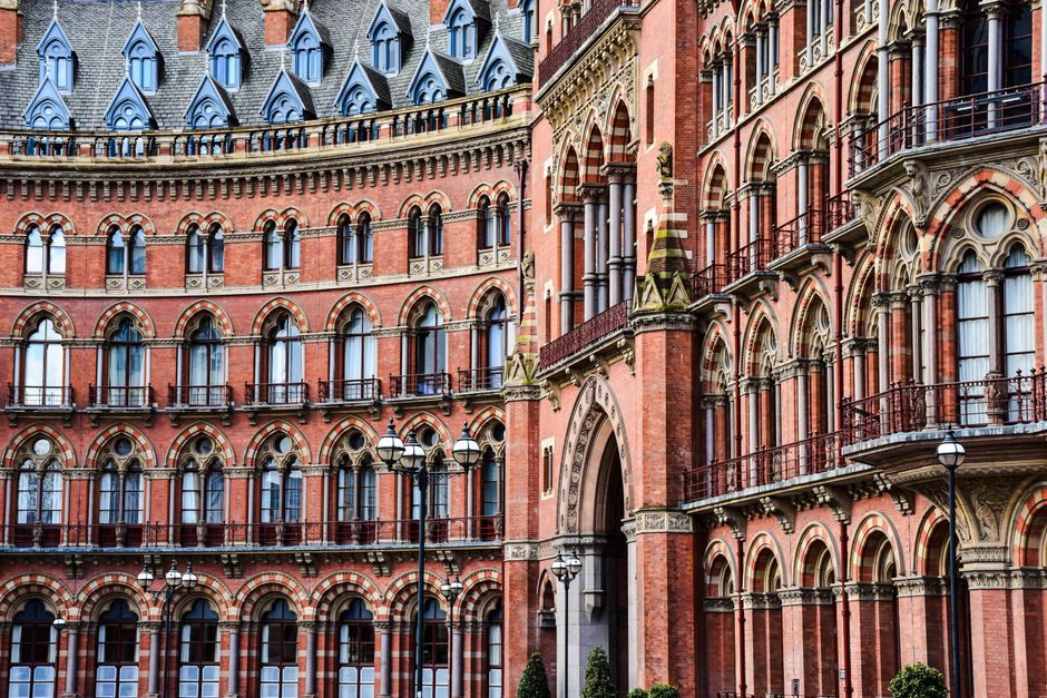 Detailed exterior view of the iconic St Pancras Renaissance Hotel in London, showcasing its Victorian architecture.