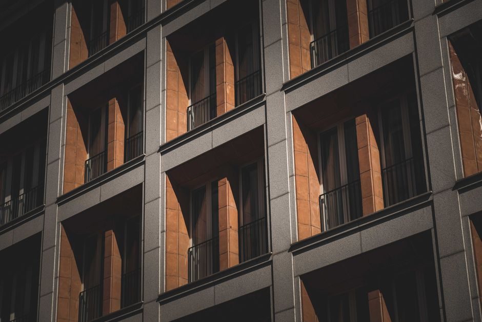 A modern new-build apartment block on a London development