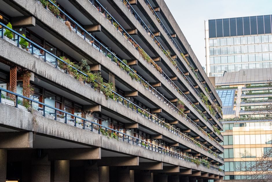 Detailed view of the iconic Brutalist architecture at the Barbican Centre in London, UK.