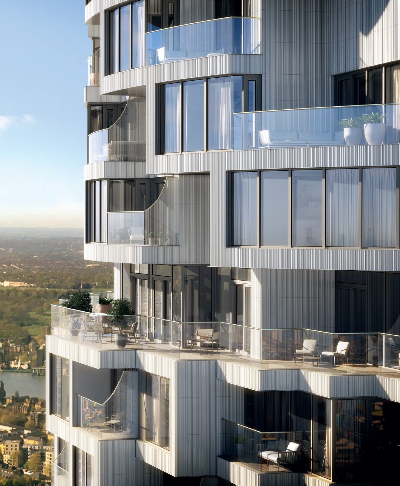 One Park Drive 外观，Herzog & de Meuron 设计的 58 层圆柱形住宅大楼矗立 Canary Wharf