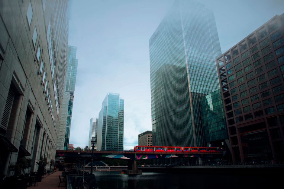 Canary Wharf financial district with DLR, East London