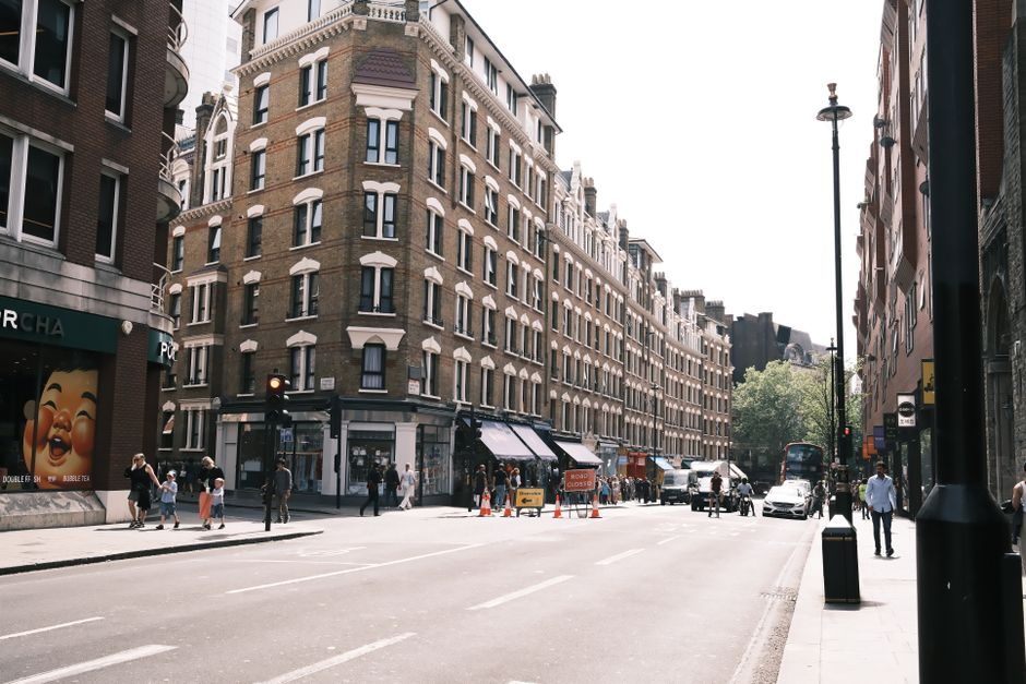 A residential street of London apartment buildings