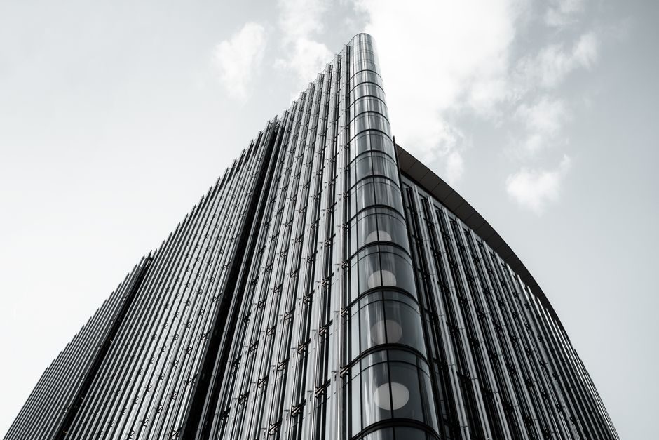A sleek and modern high-rise building exterior photographed in London, England.