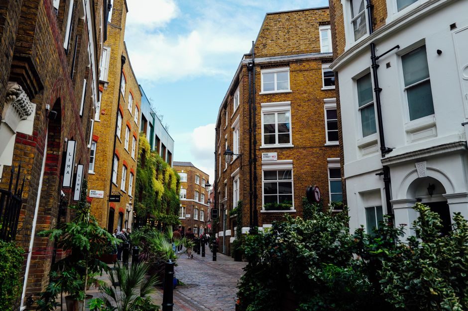Quiet London residential street with brick terraces under a clear autumn sky