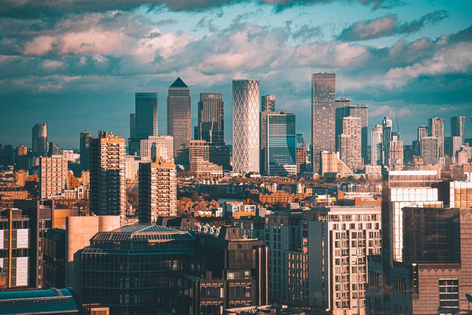 London's Canary Wharf financial district skyline at dusk