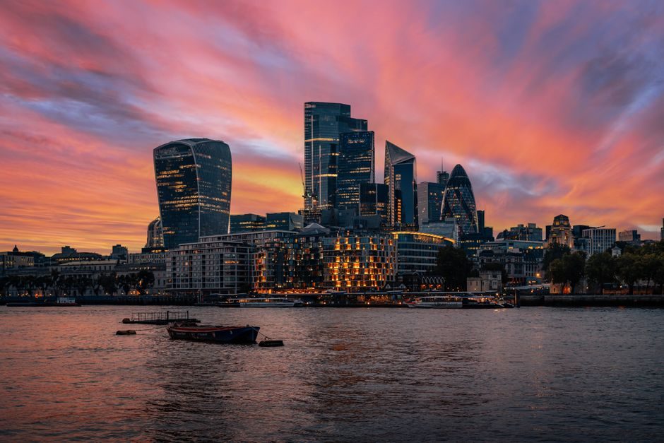 London's financial district skyline at dusk, reflecting the UK mortgage and housing market in October 2026