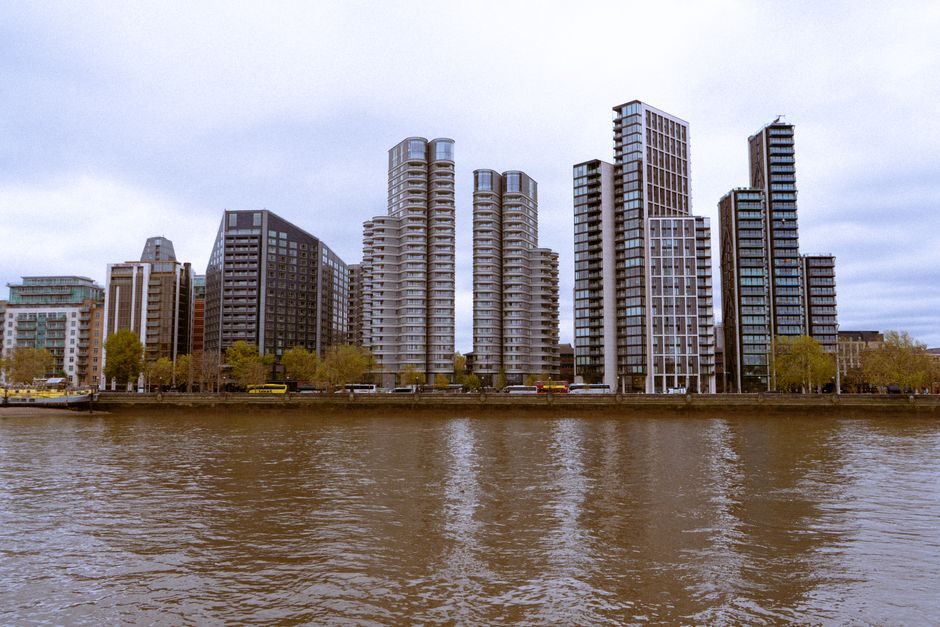 Modern riverside apartment buildings in London